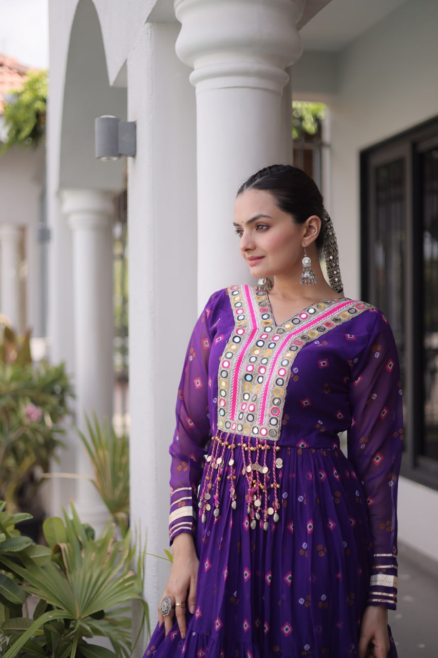 purple Laheriya Print Kutchi Work Navratri Gown