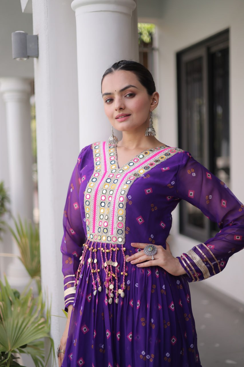 purple Laheriya Print Kutchi Work Navratri Gown