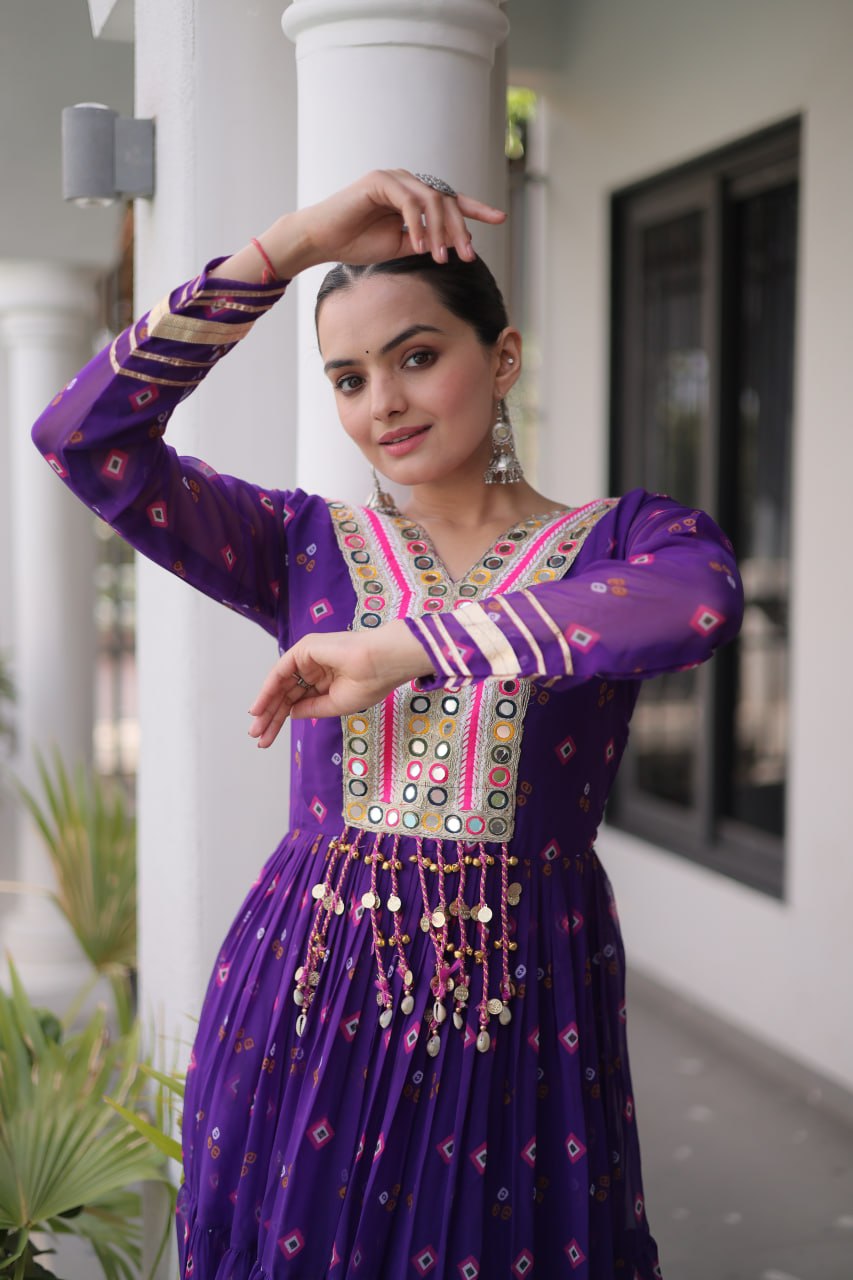 purple Laheriya Print Kutchi Work Navratri Gown