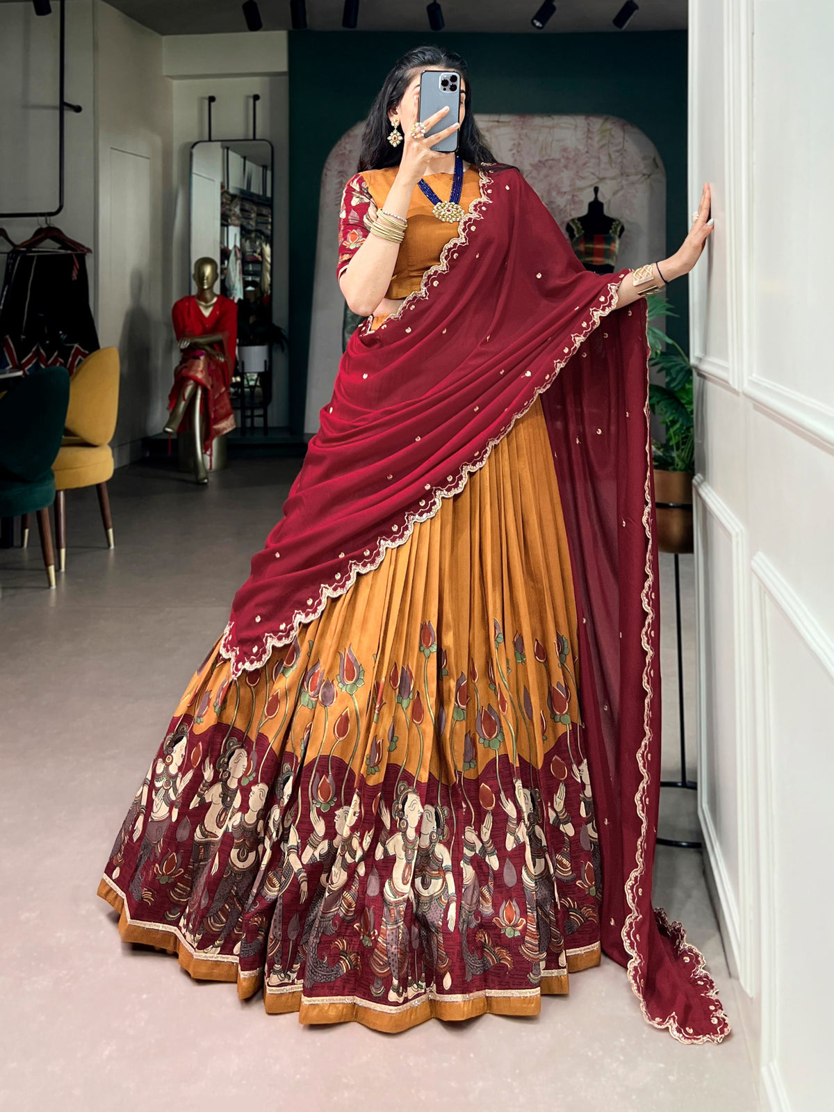Mustard Kalamkari Printed Tasar Silk Lehenga Choli Set with Embroidered Chinon Dupatta
