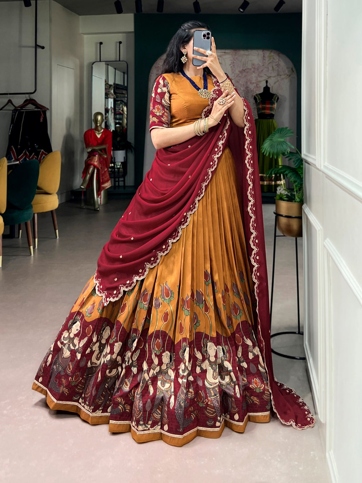 Mustard Kalamkari Printed Tasar Silk Lehenga Choli Set with Embroidered Chinon Dupatta