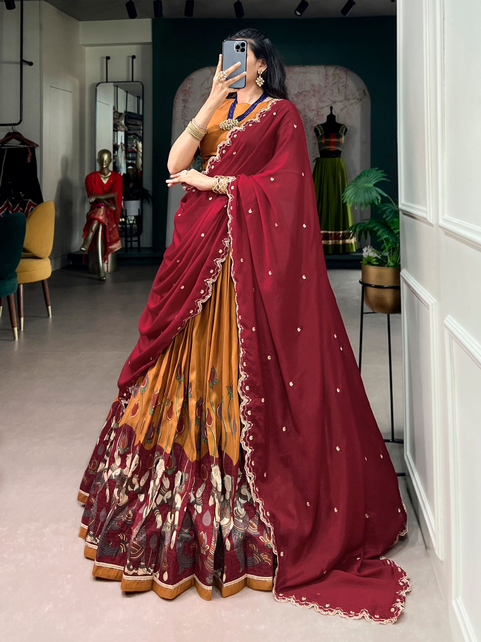 Mustard Kalamkari Printed Tasar Silk Lehenga Choli Set with Embroidered Chinon Dupatta