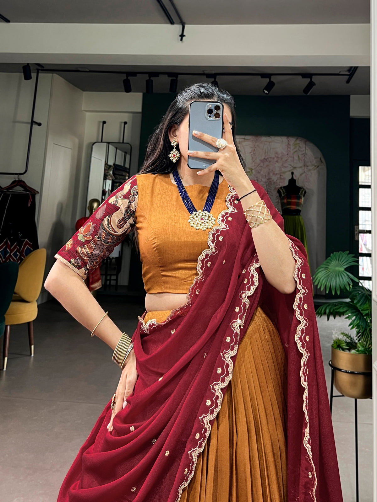 Mustard Kalamkari Printed Tasar Silk Lehenga Choli Set with Embroidered Chinon Dupatta