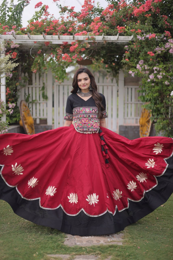 Red and Black Lotus Gota Navratri Lehenga Choli with Kutchi Gamthi Top