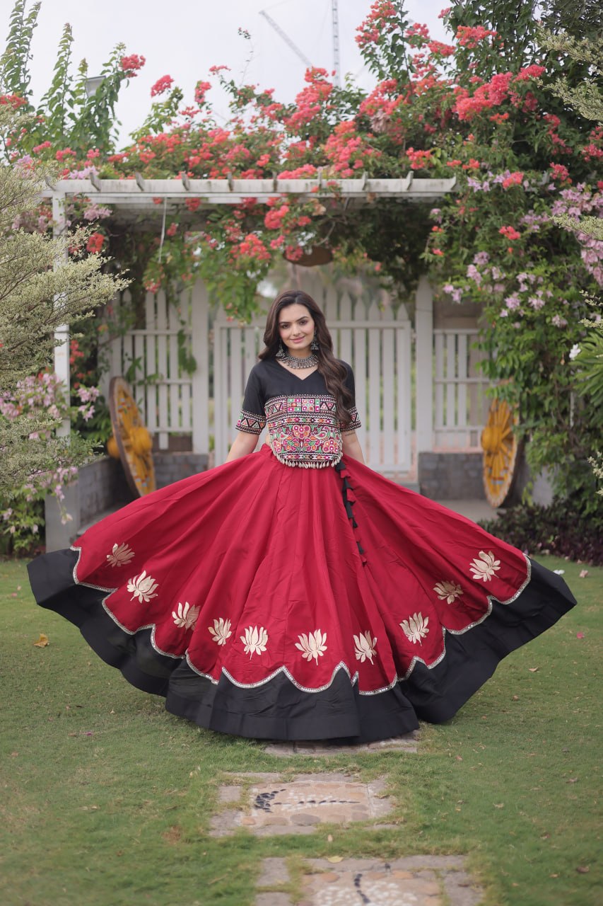 Red and Black Lotus Gota Navratri Lehenga Choli with Kutchi Gamthi Top