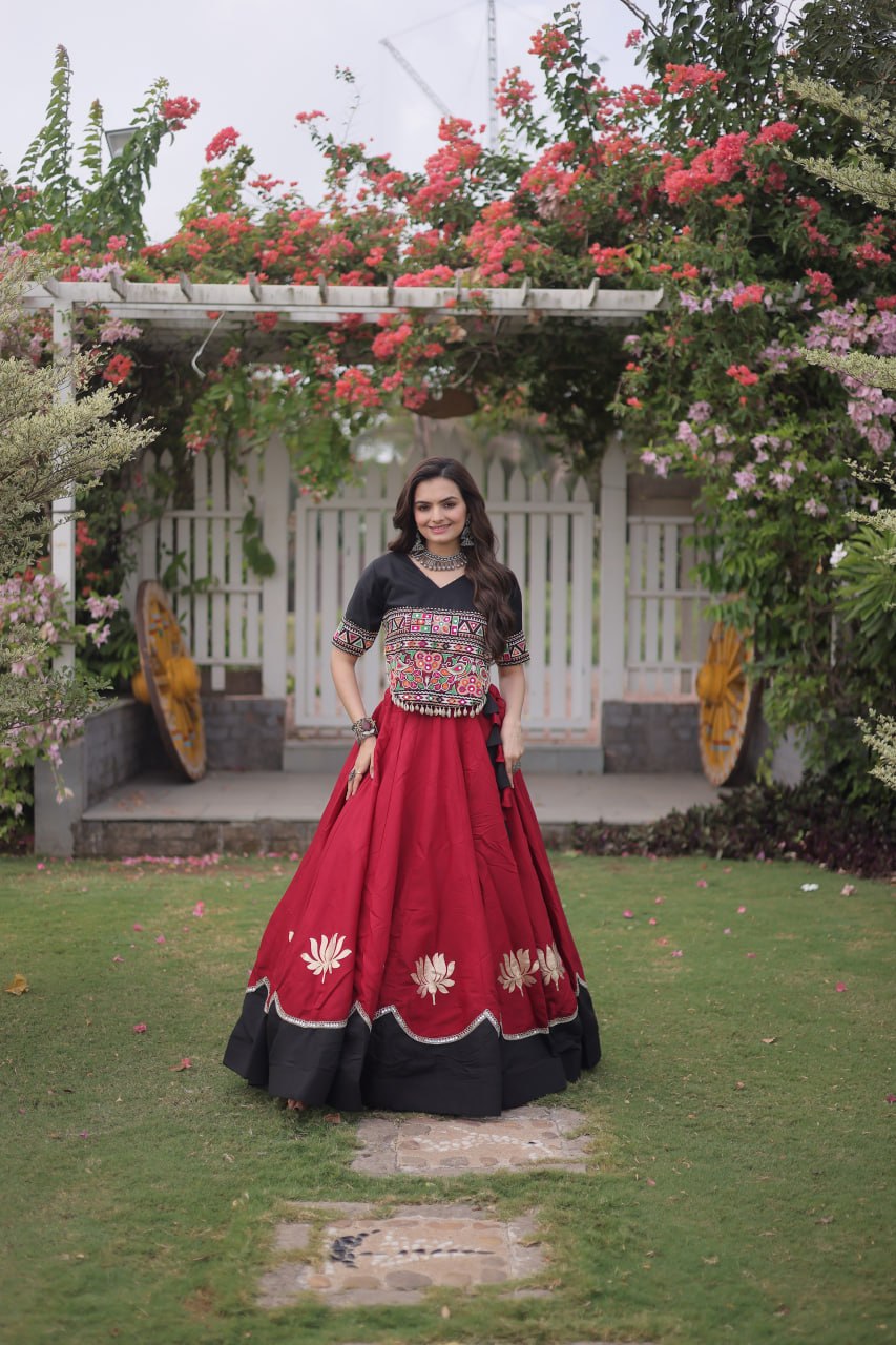 Red and Black Lotus Gota Navratri Lehenga Choli with Kutchi Gamthi Top