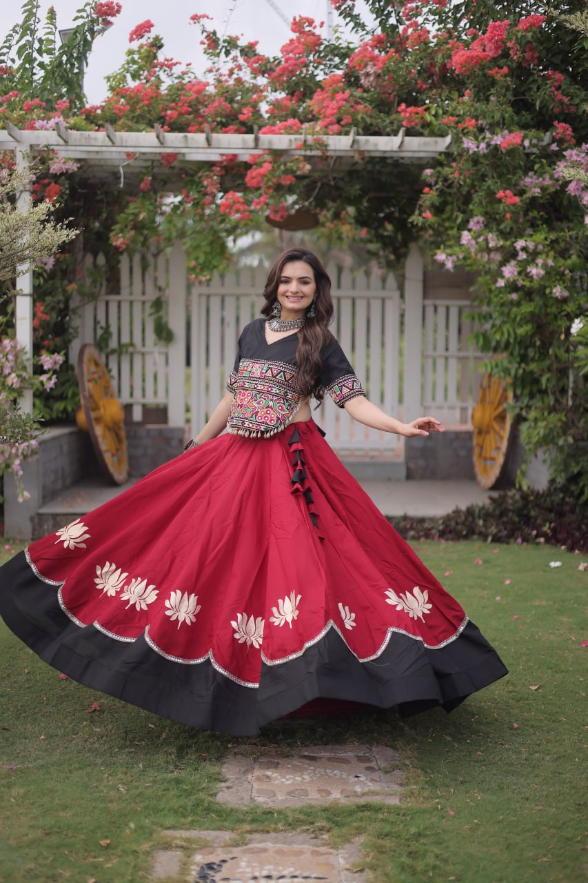 Red and Black Lotus Gota Navratri Lehenga Choli with Kutchi Gamthi Top