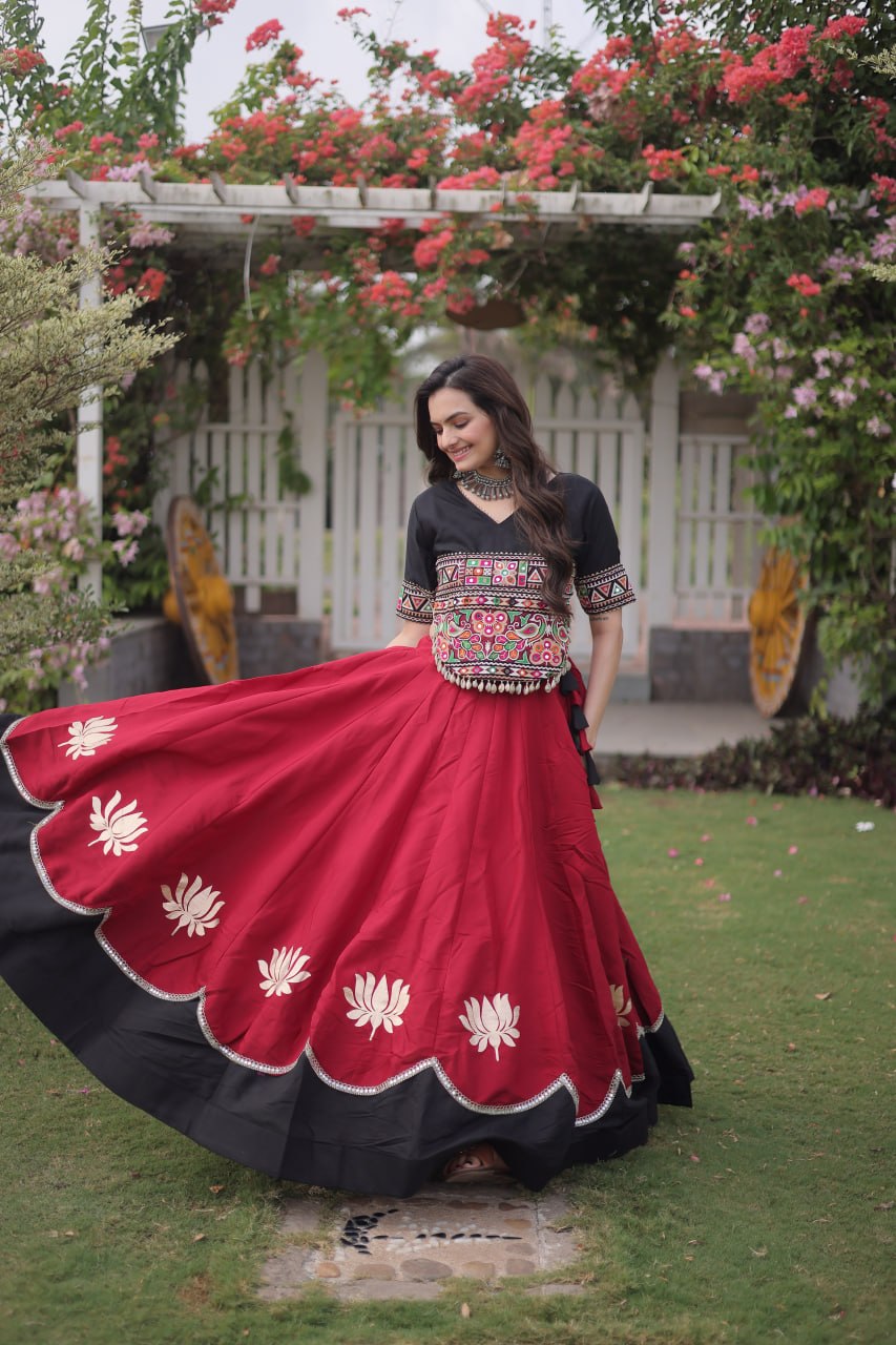 Red and Black Lotus Gota Navratri Lehenga Choli with Kutchi Gamthi Top