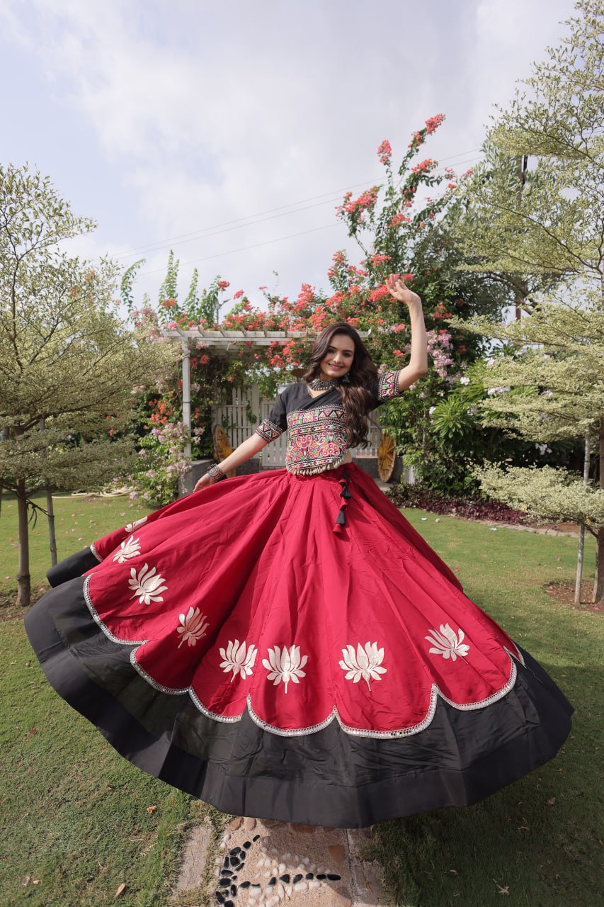 Red and Black Lotus Gota Navratri Lehenga Choli with Kutchi Gamthi Top