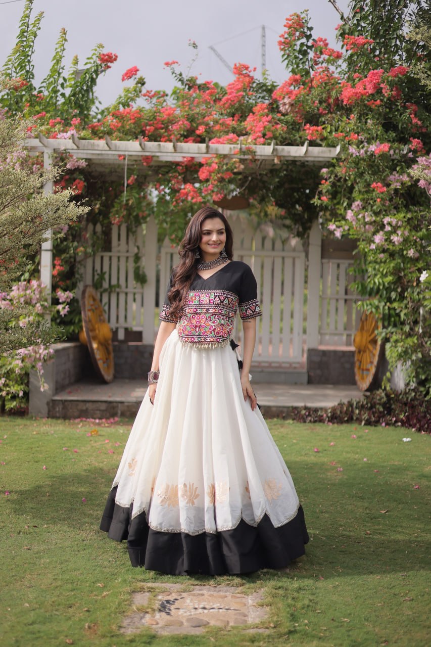Black and White Lotus Gota Navratri Lehenga Choli with Kutchi Gamthi Top