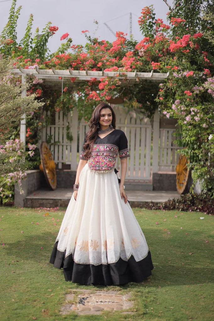 Black and White Lotus Gota Navratri Lehenga Choli with Kutchi Gamthi Top