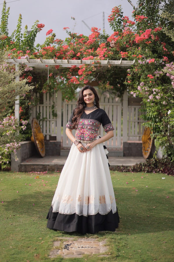 Black and White Lotus Gota Navratri Lehenga Choli with Kutchi Gamthi Top