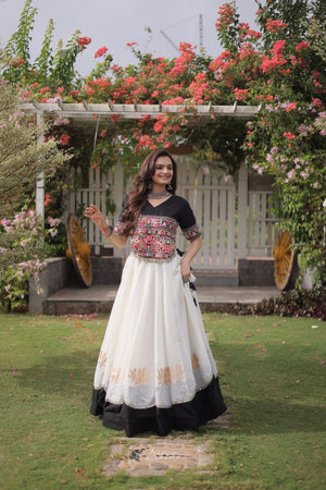 Black and White Lotus Gota Navratri Lehenga Choli with Kutchi Gamthi Top