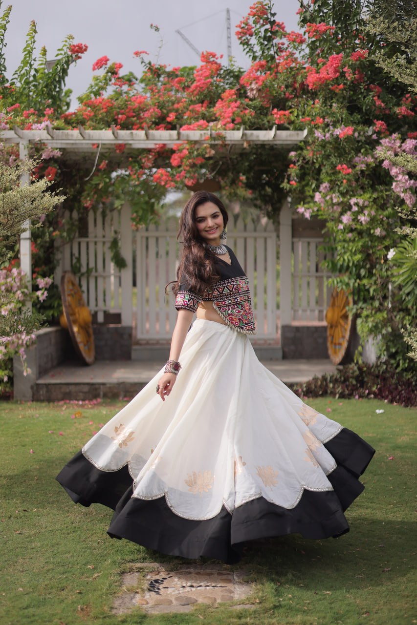 Black and White Lotus Gota Navratri Lehenga Choli with Kutchi Gamthi Top