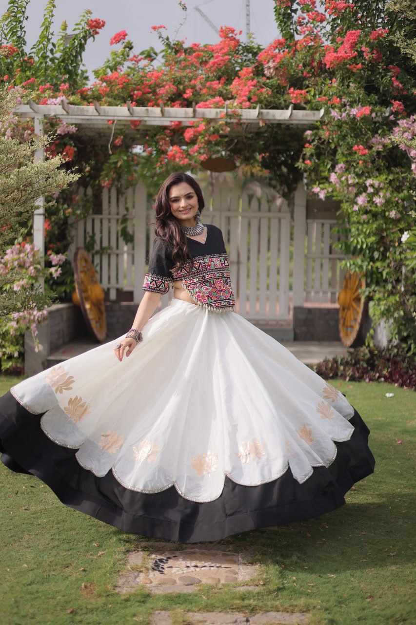 Black and White Lotus Gota Navratri Lehenga Choli with Kutchi Gamthi Top