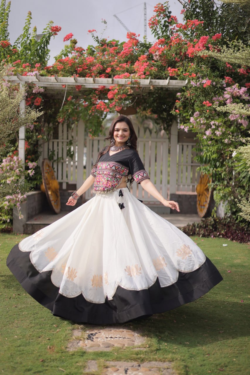 Black and White Lotus Gota Navratri Lehenga Choli with Kutchi Gamthi Top