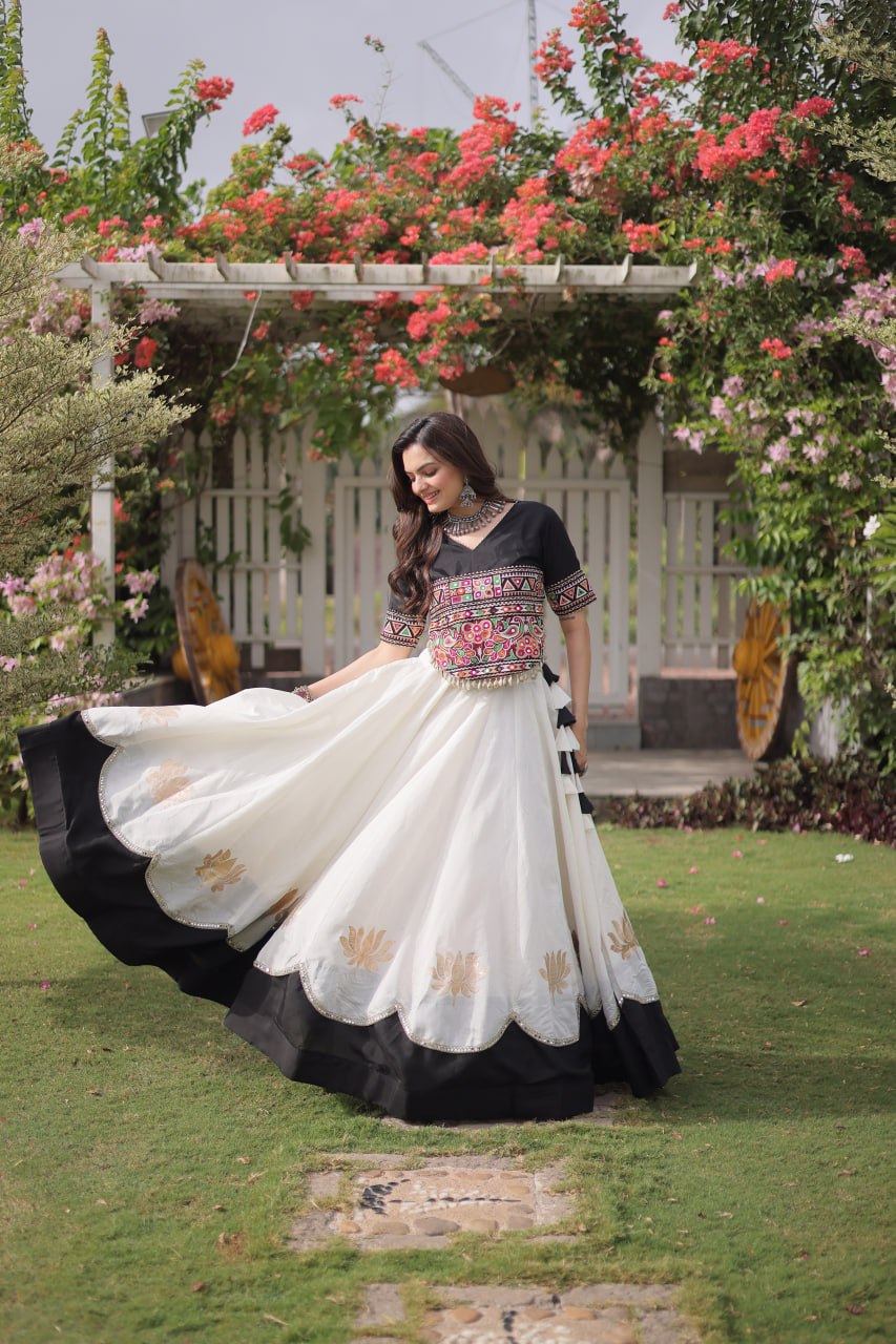 Black and White Lotus Gota Navratri Lehenga Choli with Kutchi Gamthi Top