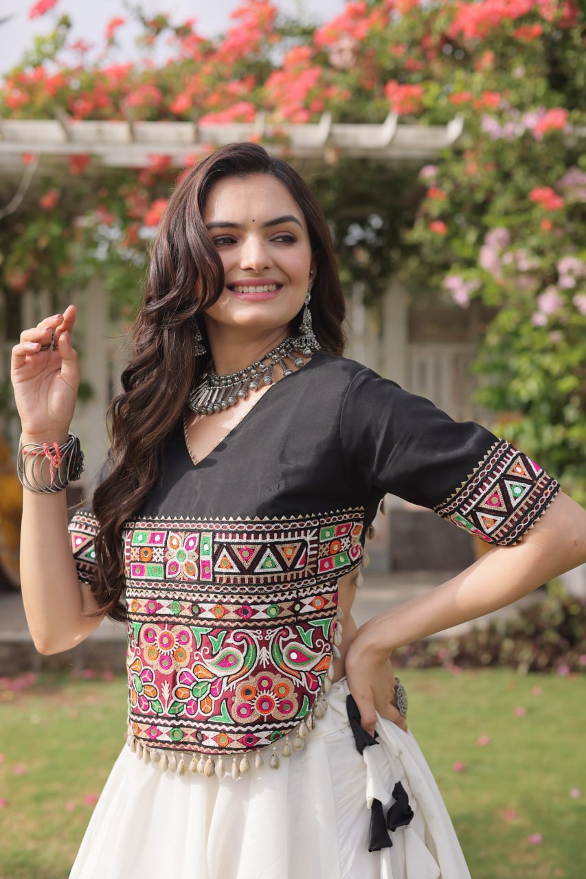 Black and White Lotus Gota Navratri Lehenga Choli with Kutchi Gamthi Top