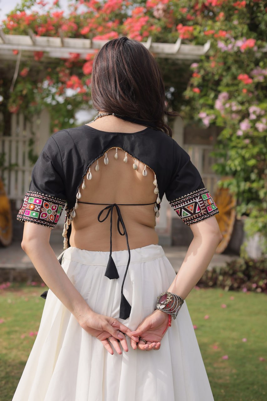 Black and White Lotus Gota Navratri Lehenga Choli with Kutchi Gamthi Top