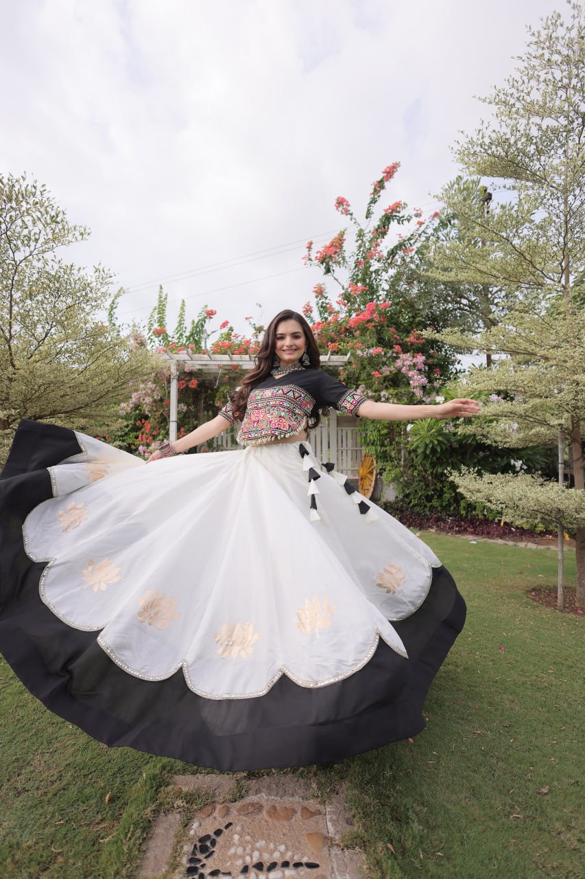 Black and White Lotus Gota Navratri Lehenga Choli with Kutchi Gamthi Top