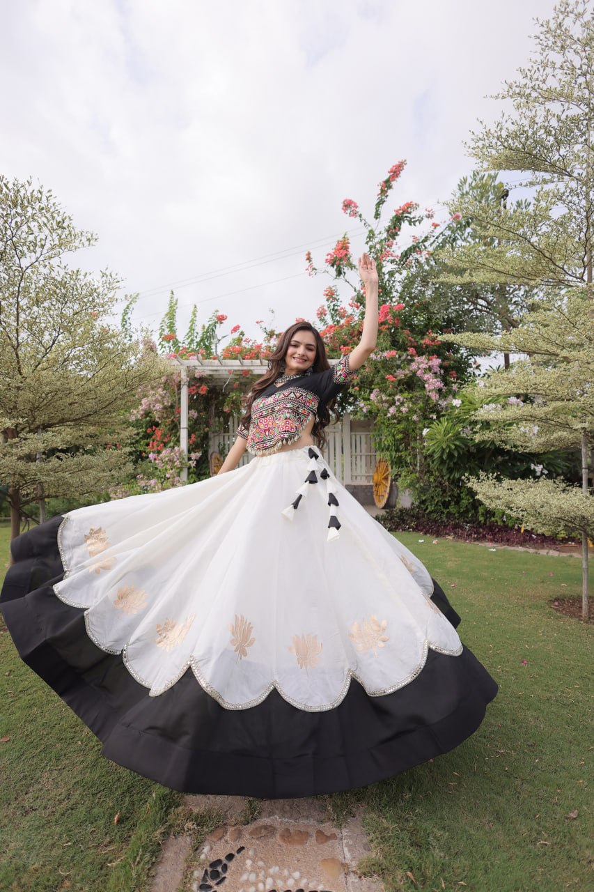 Black and White Lotus Gota Navratri Lehenga Choli with Kutchi Gamthi Top