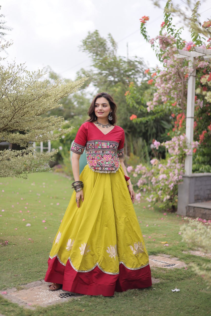 Yellow and Red Lotus Gota Navratri Lehenga Choli with Kutchi Gamthi Top