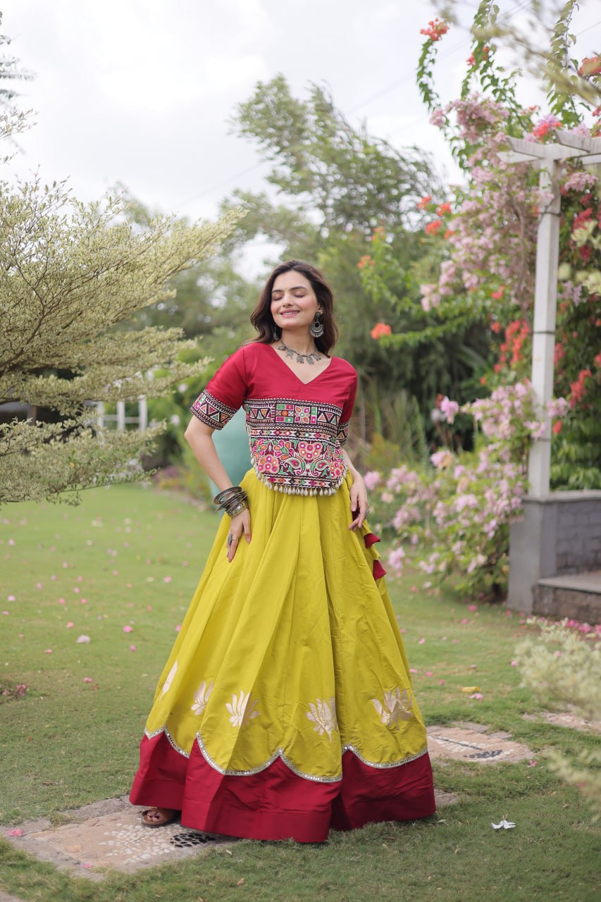 Yellow and Red Lotus Gota Navratri Lehenga Choli with Kutchi Gamthi Top