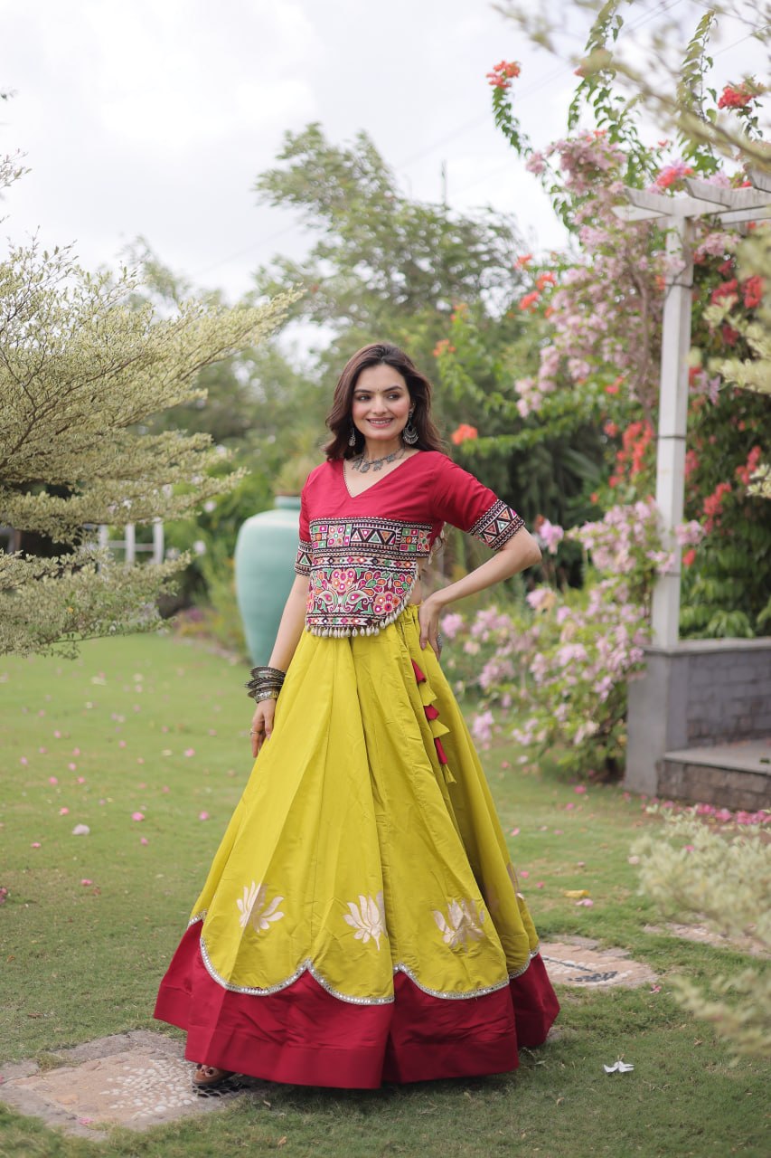 Yellow and Red Lotus Gota Navratri Lehenga Choli with Kutchi Gamthi Top