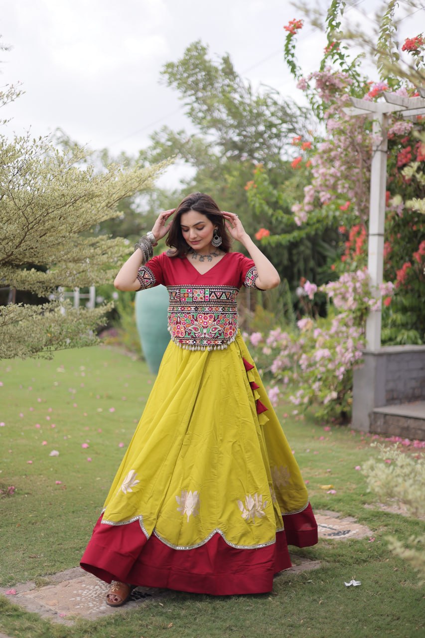 Yellow and Red Lotus Gota Navratri Lehenga Choli with Kutchi Gamthi Top