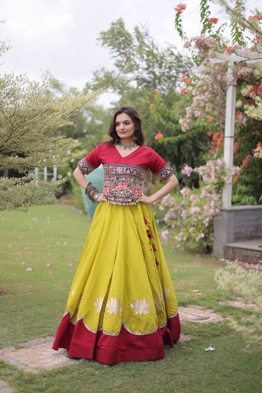 Yellow and Red Lotus Gota Navratri Lehenga Choli with Kutchi Gamthi Top
