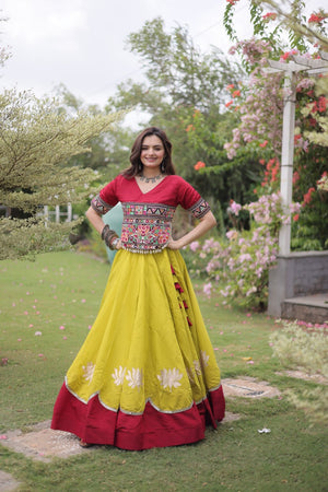 Yellow and Red Lotus Gota Navratri Lehenga Choli with Kutchi Gamthi Top