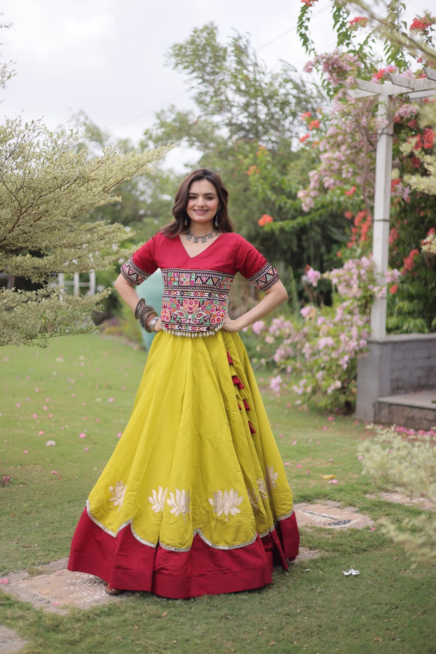 Yellow and Red Lotus Gota Navratri Lehenga Choli with Kutchi Gamthi Top