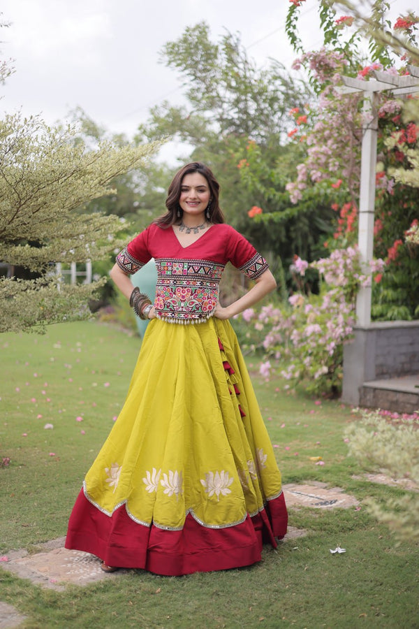 Yellow and Red Lotus Gota Navratri Lehenga Choli with Kutchi Gamthi Top