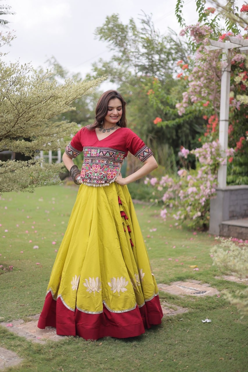 Yellow and Red Lotus Gota Navratri Lehenga Choli with Kutchi Gamthi Top