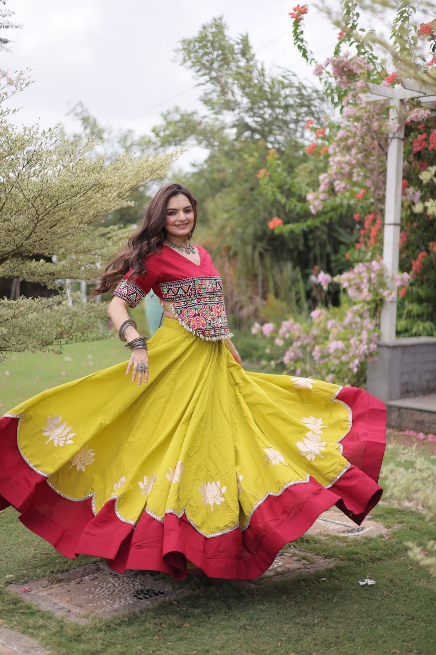 Yellow and Red Lotus Gota Navratri Lehenga Choli with Kutchi Gamthi Top