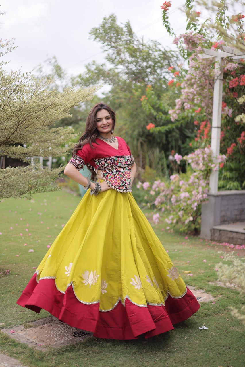 Yellow and Red Lotus Gota Navratri Lehenga Choli with Kutchi Gamthi Top