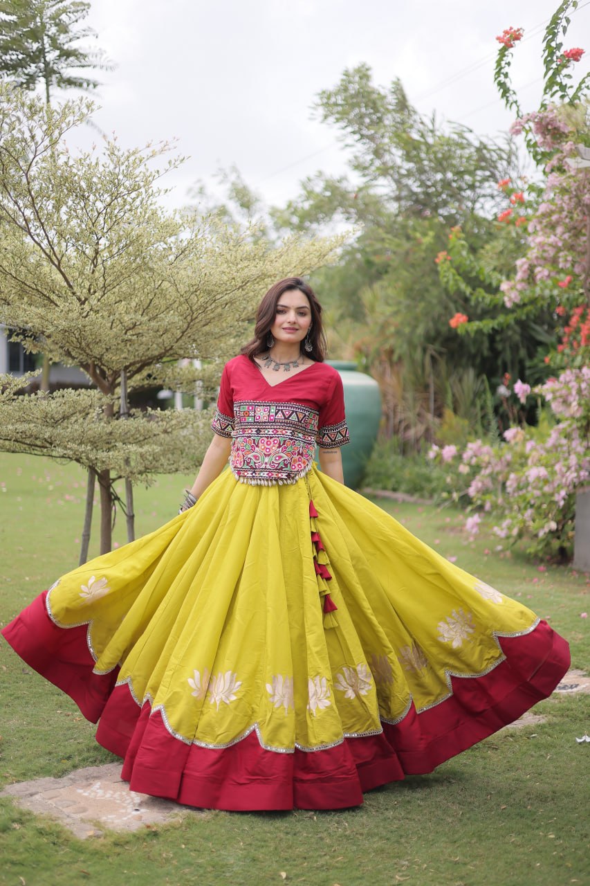 Yellow and Red Lotus Gota Navratri Lehenga Choli with Kutchi Gamthi Top