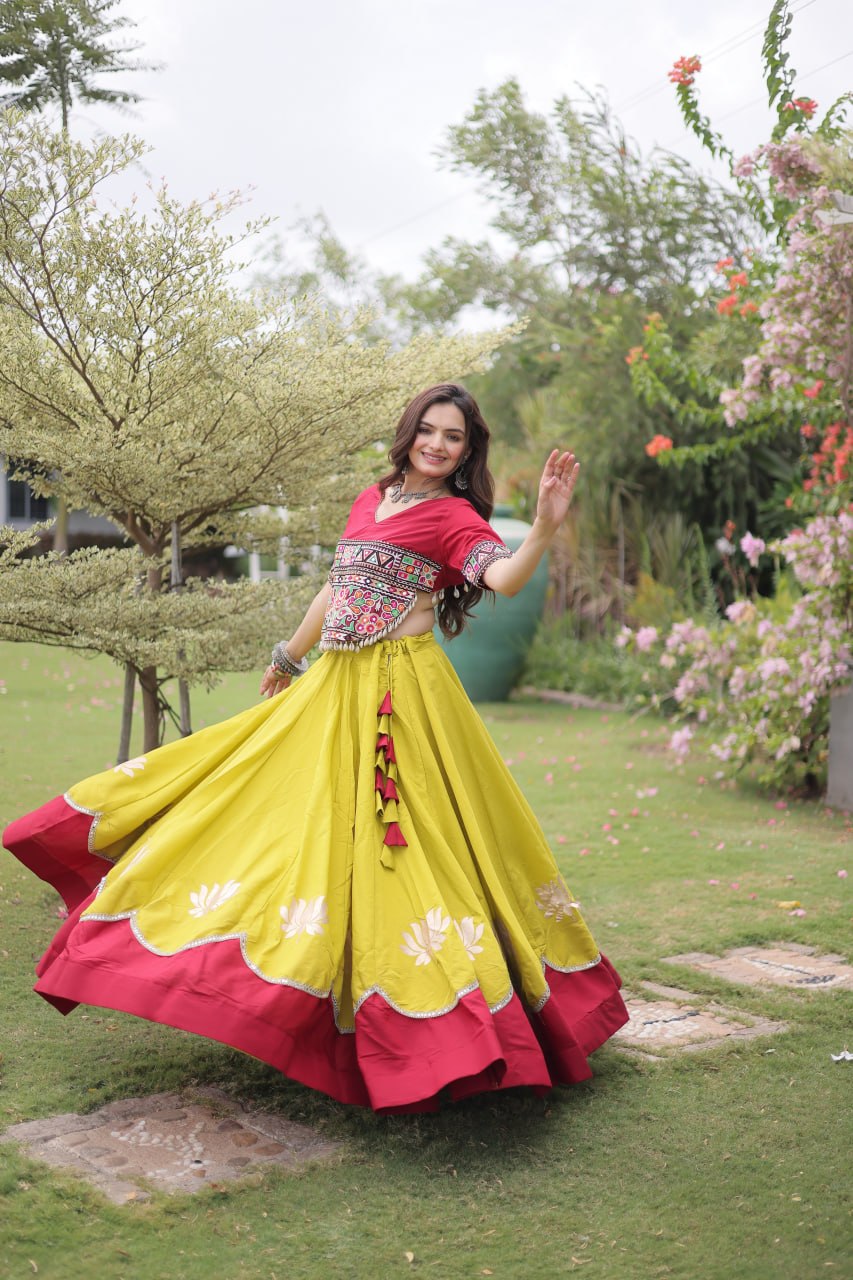 Yellow and Red Lotus Gota Navratri Lehenga Choli with Kutchi Gamthi Top
