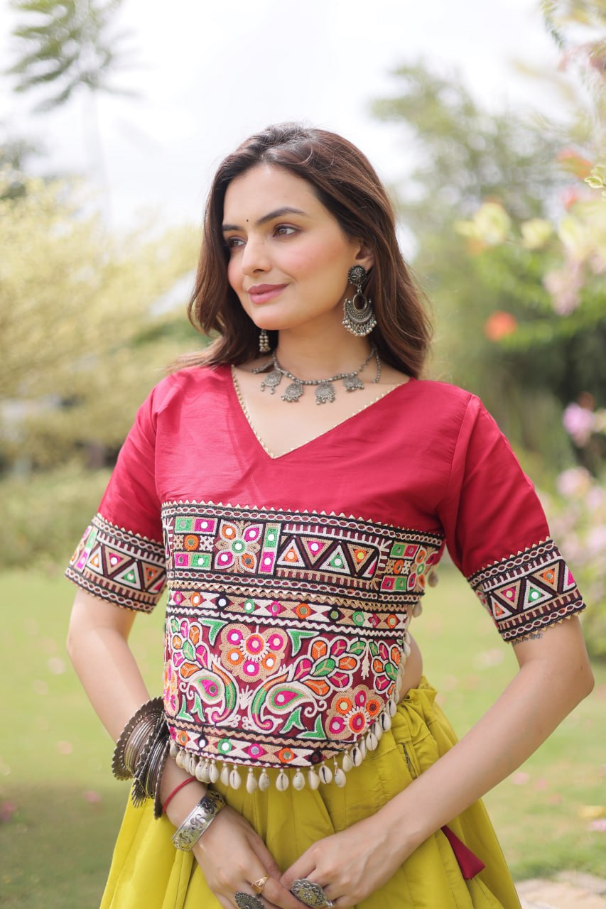Yellow and Red Lotus Gota Navratri Lehenga Choli with Kutchi Gamthi Top