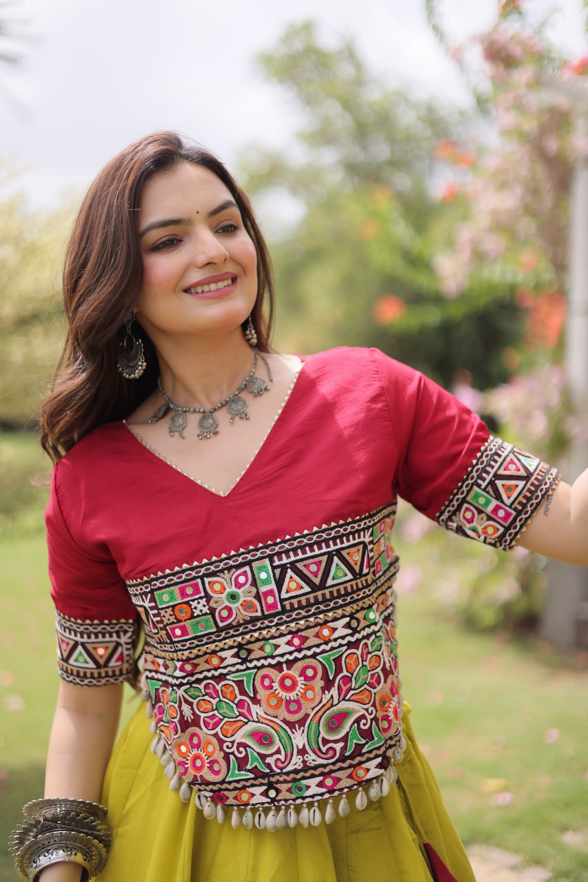 Yellow and Red Lotus Gota Navratri Lehenga Choli with Kutchi Gamthi Top