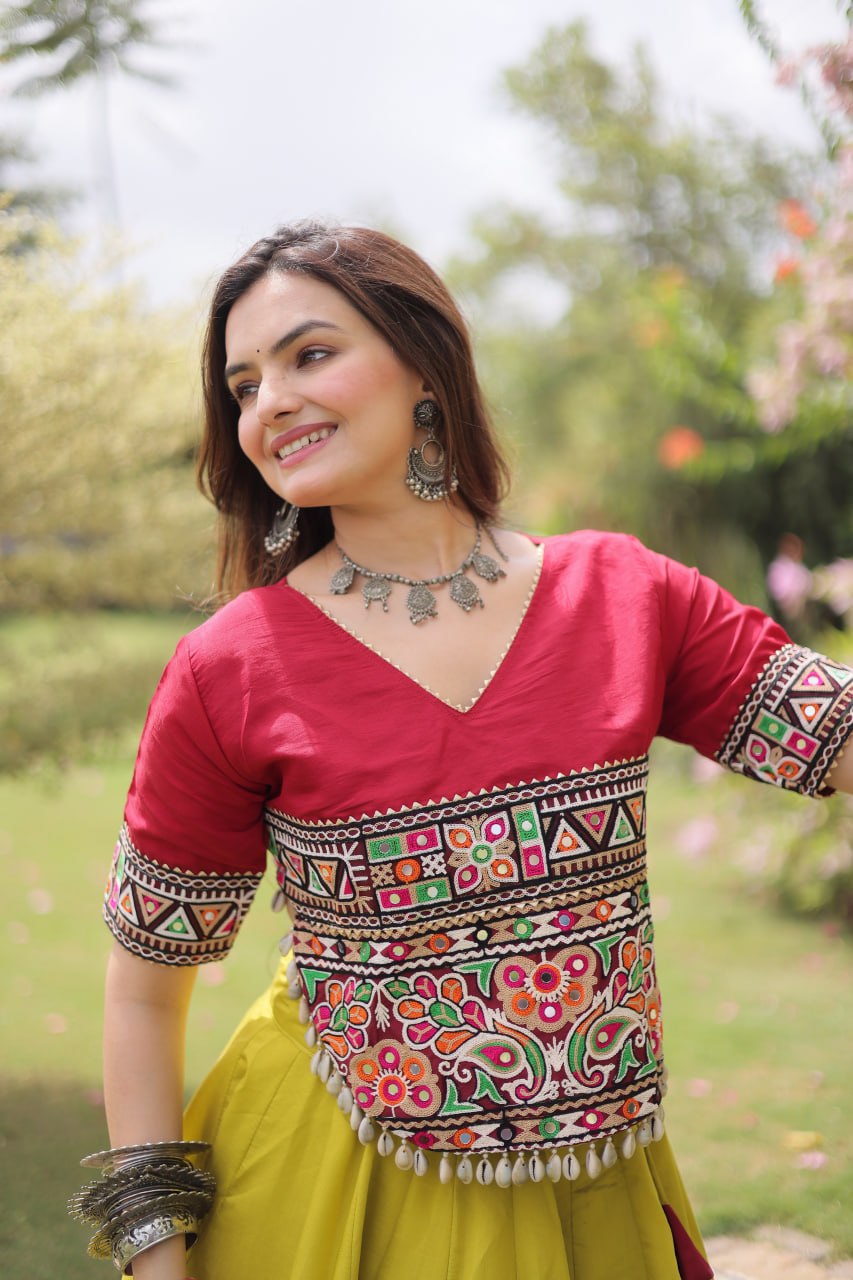 Yellow and Red Lotus Gota Navratri Lehenga Choli with Kutchi Gamthi Top