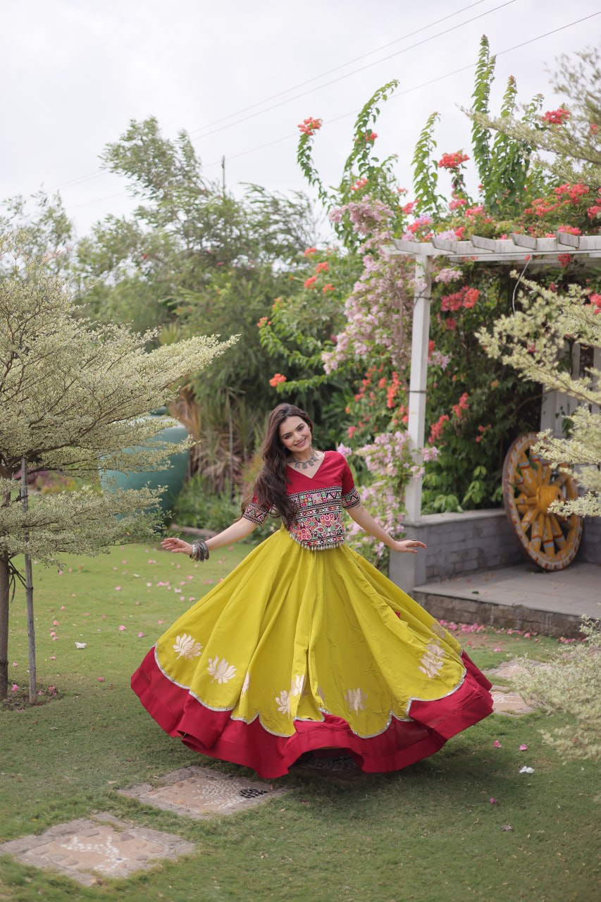 Yellow and Red Lotus Gota Navratri Lehenga Choli with Kutchi Gamthi Top