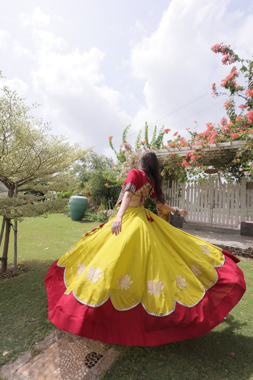 Yellow and Red Lotus Gota Navratri Lehenga Choli with Kutchi Gamthi Top