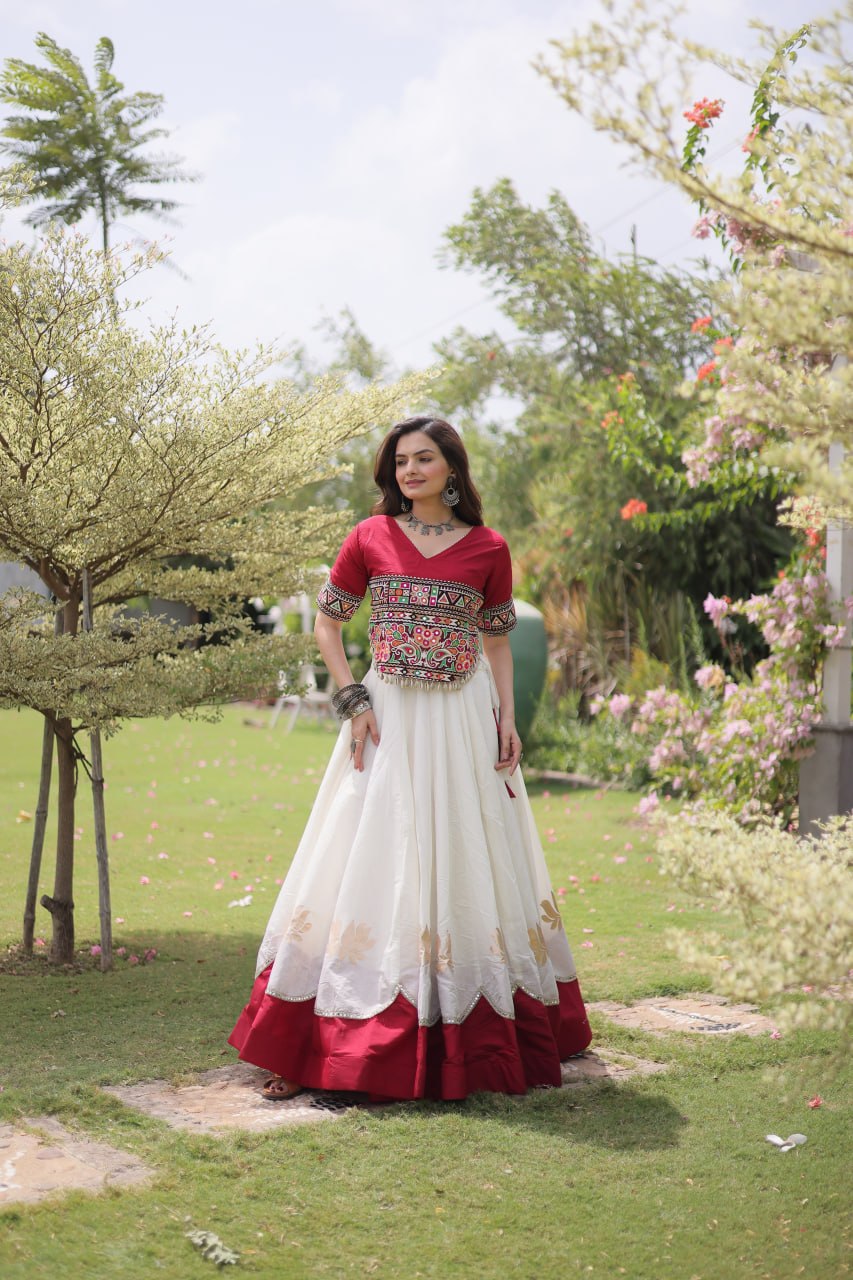 White and Red Lotus Gota Navratri Lehenga Choli with Kutchi Gamthi Top