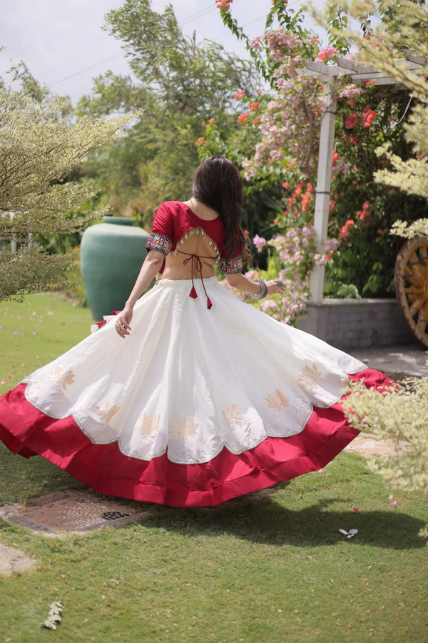 White and Red Lotus Gota Navratri Lehenga Choli with Kutchi Gamthi Top