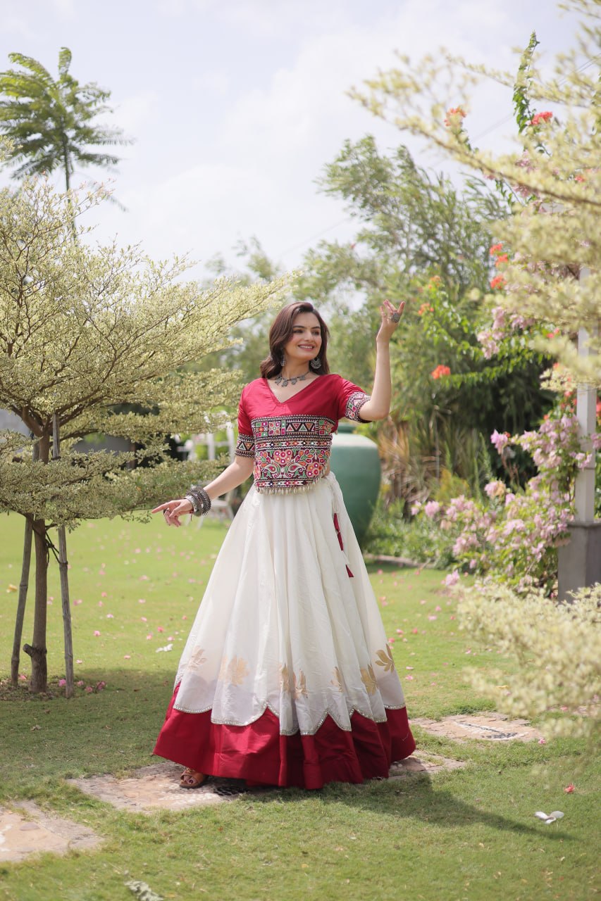 White and Red Lotus Gota Navratri Lehenga Choli with Kutchi Gamthi Top