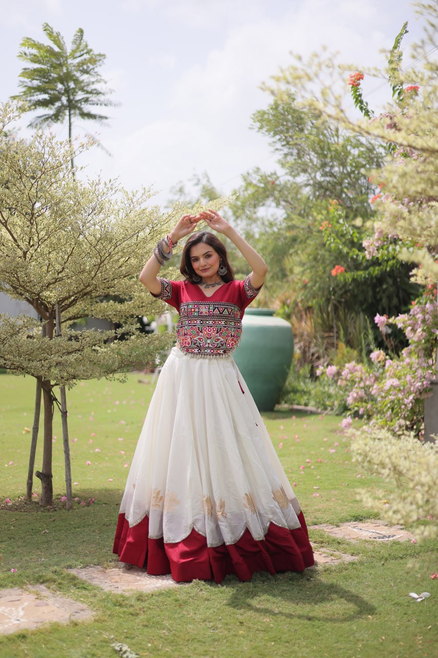 White and Red Lotus Gota Navratri Lehenga Choli with Kutchi Gamthi Top