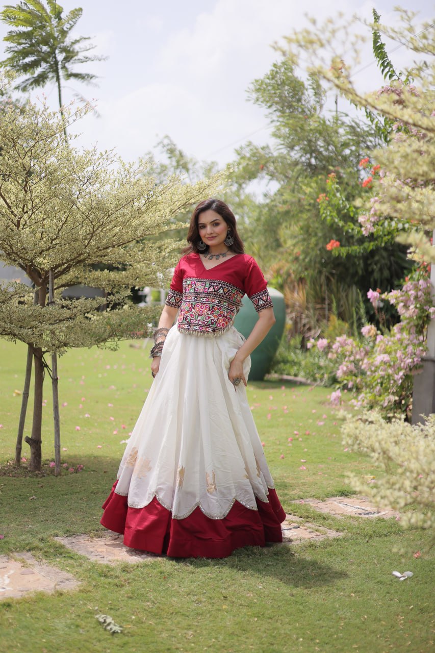 White and Red Lotus Gota Navratri Lehenga Choli with Kutchi Gamthi Top