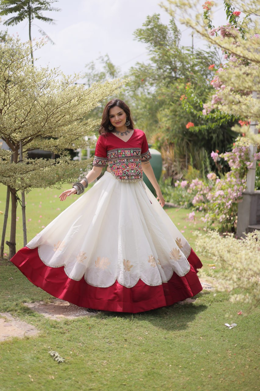 White and Red Lotus Gota Navratri Lehenga Choli with Kutchi Gamthi Top