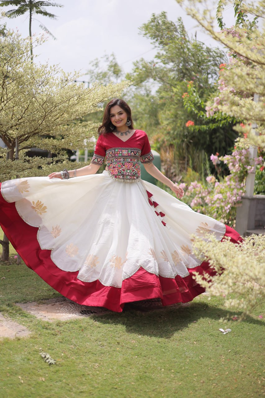 White and Red Lotus Gota Navratri Lehenga Choli with Kutchi Gamthi Top